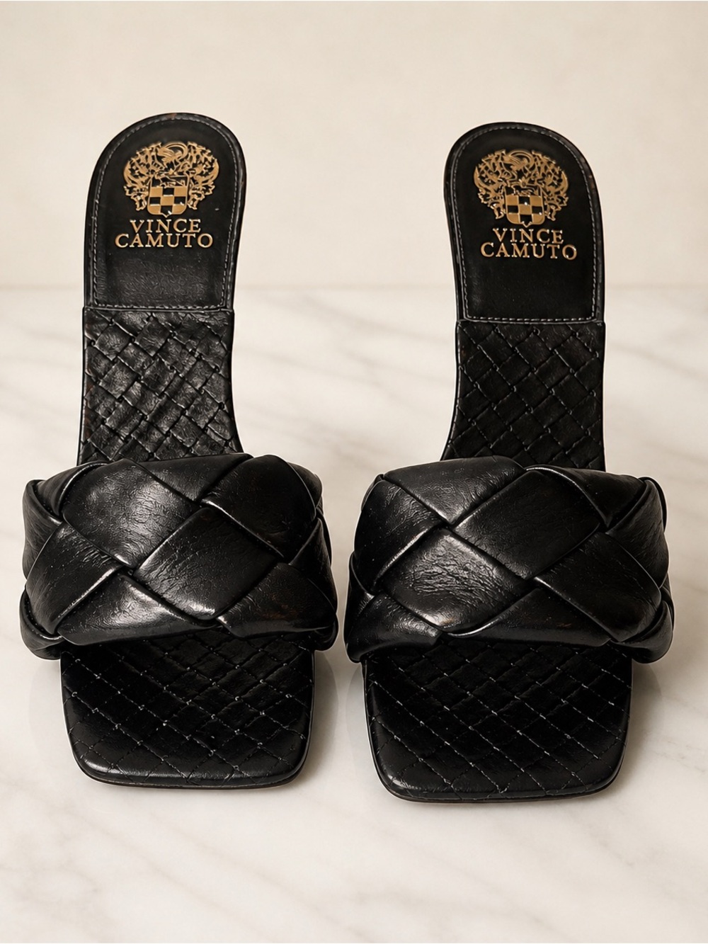 Vince Camuto Brelanie Black Woven Leather Heeled Sandals Square Toe Size 9 🤍 - Picture 4 of 10
